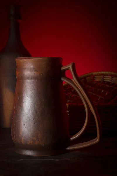 Vaso Cerveza Arcilla Con Cerveza Botella — Foto de Stock