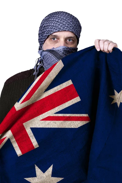 Bandiera Dell Australia Nelle Mani Arabo Sfondo Bianco — Foto Stock