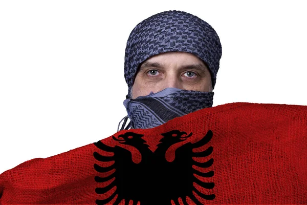 Árabe Com Bandeira Albânia Fundo Branco — Fotografia de Stock