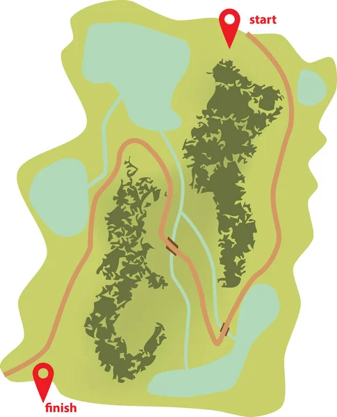 Abstraktní Turistická Mapa Startem Dokončením Cesta Vede Podél Řek Jezer — Stockový vektor