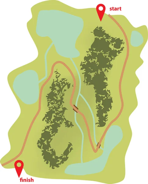 Mappa Turistica Astratta Con Partenza Arrivo Strada Costeggia Fiumi Laghi — Vettoriale Stock