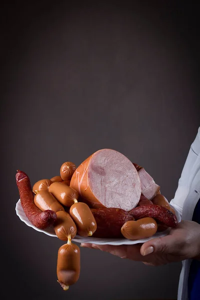 Plate Sausages Hands Nutritionist — Zdjęcie stockowe