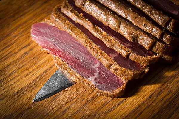 Cured Meat Wooden Cutting Board — Stock Photo, Image