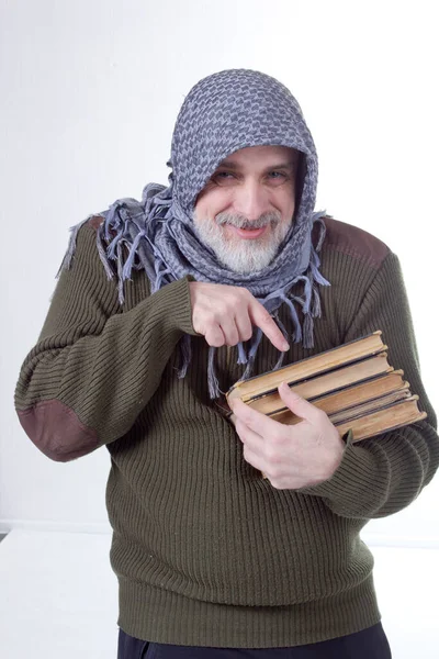 Gray Haired Arab Man Books White Background — Stock Photo, Image