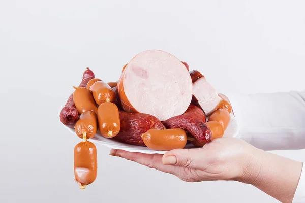 Plate Sausages Hands Nutritionist — Stok fotoğraf