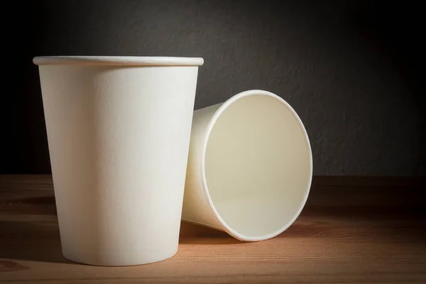 Paper White Disposable Cups Wooden Table — 图库照片