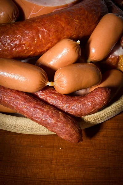 Set Various Sausages Wooden Plate — Stock Photo, Image