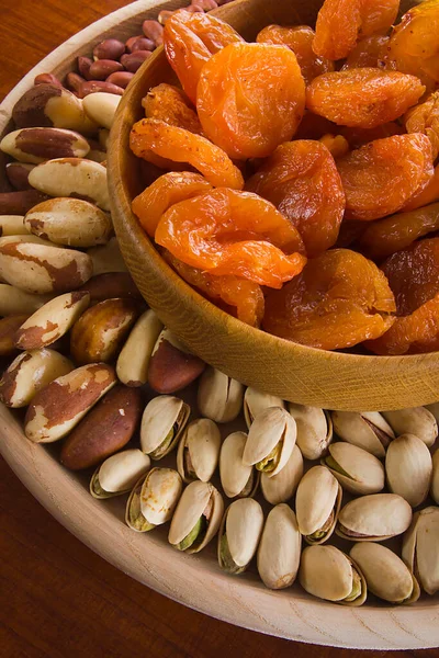 Set Nuts Dried Fruits Wooden Bowl — Stock Photo, Image