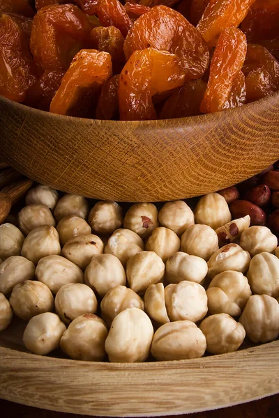 Conjunto Frutos Secos Frutos Secos Tazón Madera —  Fotos de Stock