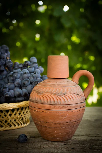Dışarıda Şarap Üzümlü Kil Sürahi — Stok fotoğraf