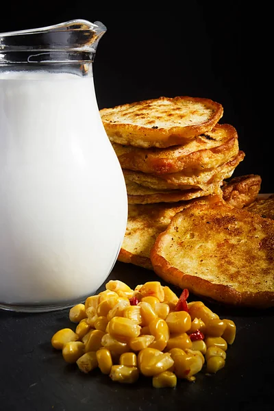 Corn Pancakes Milk Glass Jug — Stock Photo, Image