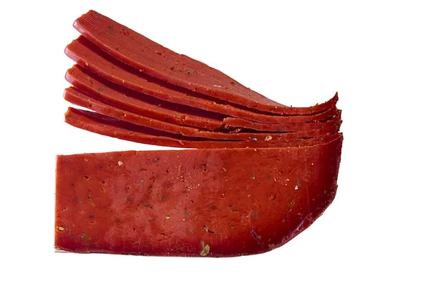 Rebanadas Queso Rojo Con Sabor Paprica Tomate Aisladas Sobre Fondo — Foto de Stock