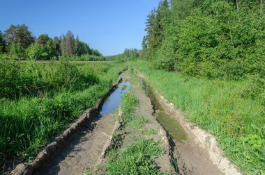Toprak yol ile büyük su birikintileri, güneşli yaz gün
