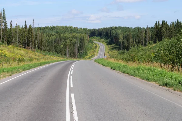 Strada Asfaltata Attraverso Foresta Colline Russia Settentrionale Regione Arkhangelsk Giornata — Foto Stock