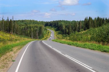 Asfalt yol boyunca orman ve tepeler, Kuzey Rusya, güneşli yaz gün