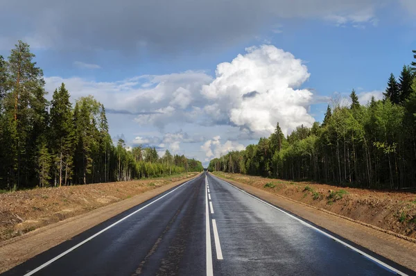 New Straight Asphalt Road Forest North Russia Arkhangelsk Region Sunny — Stock Photo, Image