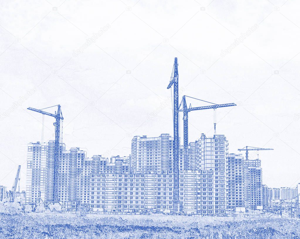 Construction of a new residential complex in Mytishchi, Russia. Blueprint style