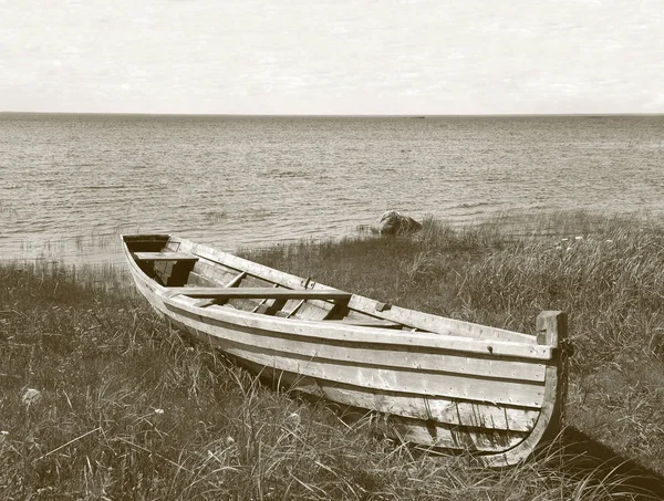 Παλιό Ξύλινο Αλιευτικό Σκάφος Στη Χλόη Κοντά Στην Όχθη Της — Φωτογραφία Αρχείου