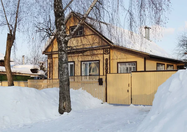 Vieille Maison Bois Jaune Dans Pays Heure Hiver Russie — Photo