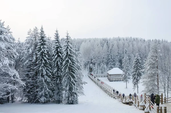 Fußgängerübergang Aus Holz Mit Treppe Durch Nadelwald Freilichtmuseum Malye Korely — Stockfoto