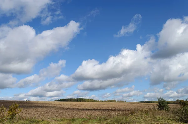 Ülkenin Peyzaj Sürülmüş Çiftlik Alanı Beyaz Bulutlar Gökyüzünde — Stok fotoğraf