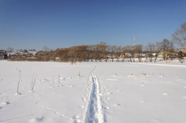Skidspår över snöiga fältet — Stockfoto