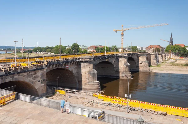 Dresden Juli 2019 Sanierung Der Alten Augustusbrücke Der Elbe — Stockfoto
