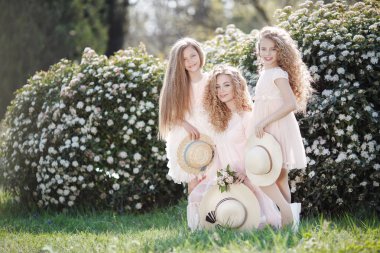 The older sister and her two younger sisters spend time outdoors in a beautiful Park with flowering shrubs on a Sunny spring day. Three sisters in pale pink dresses with straw hats in their hands on a background of flowers