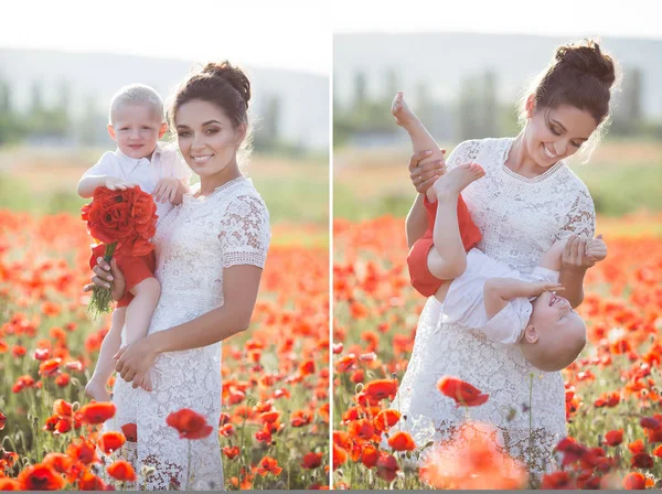 Colagem Uma Mãe Nova Bonita Vestido Longo Branco Com Filho — Fotografia de Stock