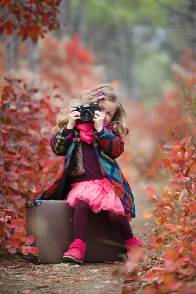 Little Cute Girl Autumn Jacket Photographs Golden Autumn Standing Road — Stock Photo, Image