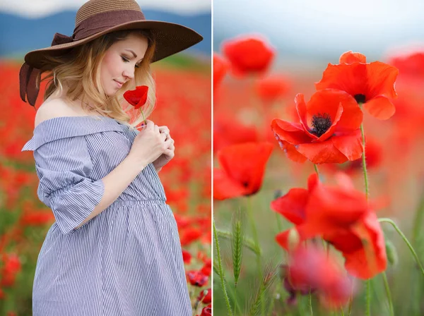 Cute pregnant woman with big belly,blonde,dressed in a white dress with blue stripes, on his head wearing a big brown sun hat posing outdoors in the summer,one standing on a mountain field among the red sea of blooming poppies