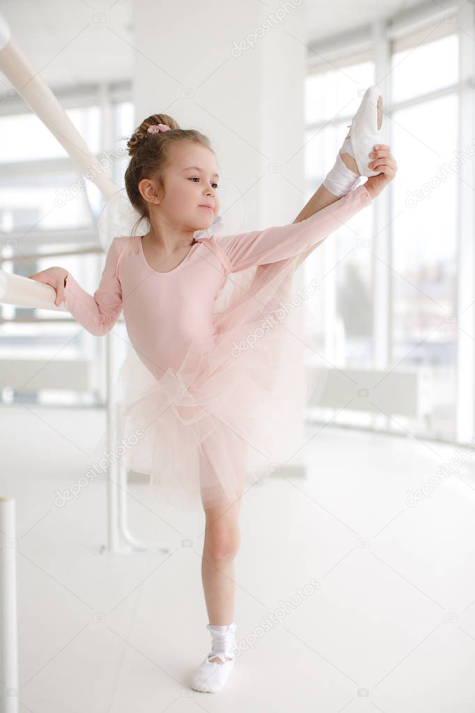 Little cute girl in class in ballet studio.Little ballerina girl in a pink tutu. Adorable child dancing classical ballet in a white studio. Children dance. Kids performing. Young gifted dancer in a class. Preschool kid taking art lessons
