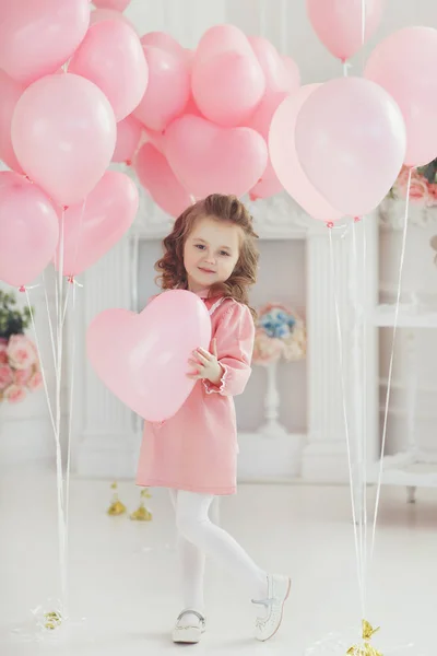 Valentine Day Postcard Small Girl Blond Curly Hair Poses White — Stock Photo, Image