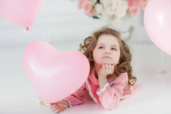 Valentine Day Postcard Small Girl Blond Curly Hair Poses White — Stock Photo, Image