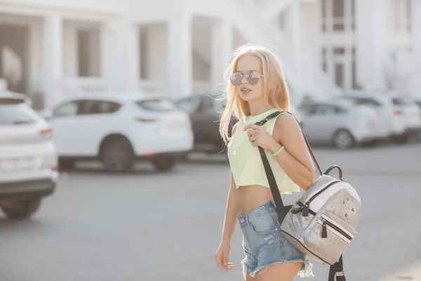 Portrait Charming Lovely European Model Backpack Shoulder Walk Sunny City — Stock Photo, Image
