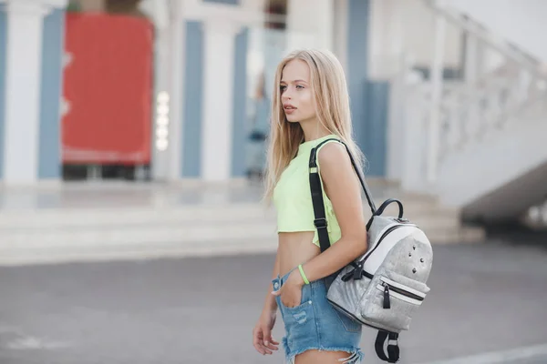 Portrait Charming Lovely European Model Backpack Shoulder Walk Sunny City — Stock Photo, Image