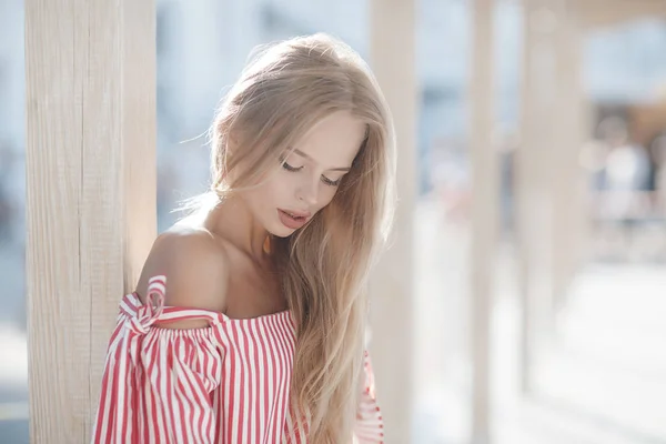 Uma Jovem Mulher Bonita Com Cabelos Longos Lisos Olhos Grisalhos — Fotografia de Stock