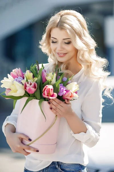 Girl Large Bouquet Multi Colored Tulips Happy Woman Valentines Day — Stock Photo, Image