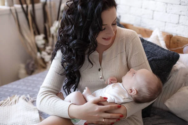 Young Mother Holding Her Newborn Child Woman New Born Boy — Stock Photo, Image