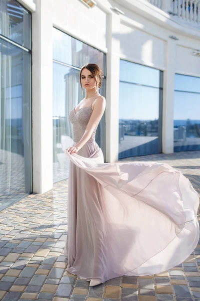 Beautiful Woman Elegant Evening Dress Brunette Girl Long Healthy Shiny — Stock Photo, Image