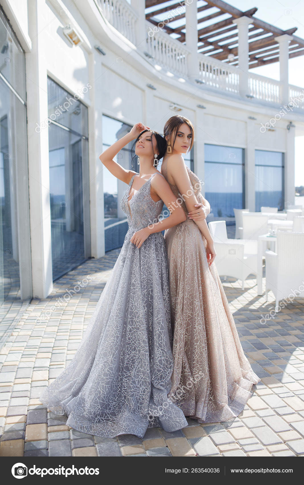 Two Sisters Elegant Evening Dress Girls Long Healthy Shiny Hair Stock Photo  by ©golyak 263540036