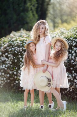 Ablası ve onun iki genç kız bir güneşli bahar gününde çiçekli çalılar ile güzel bir Park açık havada zaman geçirin. Ellerinde çiçekler bir arka plan üzerinde hasır şapkalı üç kız kardeş-soluk pembe elbiseler