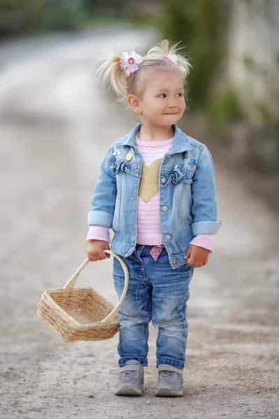 Outdoor Summer Portrait Little Girl Countryside Country Road Basket Nature — Stock Photo, Image