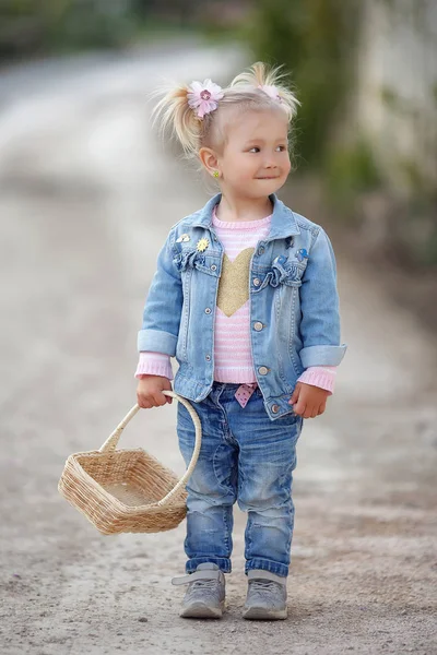 Outdoor Zomer Portret Van Een Klein Meisje Het Platteland Een — Stockfoto