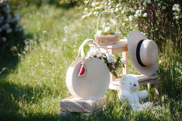 Cose Della Piccola Padrona Contro Cespugli Bianchi Fioriti Cestino Con — Foto Stock