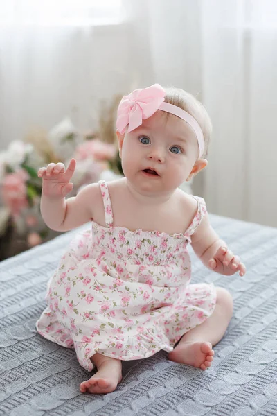 Uroczy Piękny Piękne Małe Kobiece Dziecko Pulchny Policzki Skrada Się — Zdjęcie stockowe
