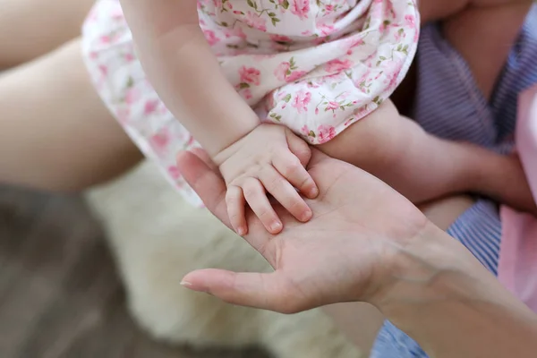 Mother Child White Bed Mom Baby Girl Diaper Playing Sunny — Stock Photo, Image