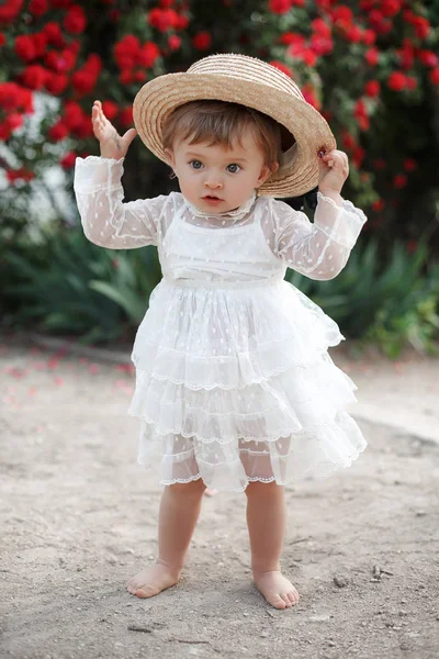 Ein Kleines Mädchen Garten Einer Teerose Kleines Mädchen Das Schöne — Stockfoto
