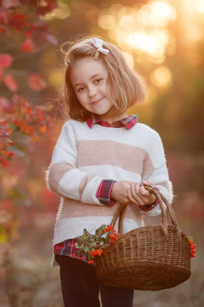 Flicka Höstparken Med Korg Blommor Bra Humör Lyckligt Barn Min — Stockfoto