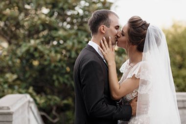 Düğün gününde gelin ve damat yazın şato bölgesinde dışarıda yürüyor. Gelinlik çifti, yeni evli bir kadın ve sevgiyle kucaklaşan bir erkek. İnsanlar mutlu ve gülümsüyor. Gelin, damadın ellerinde. Birbirlerine aşık mutlu çiftler.